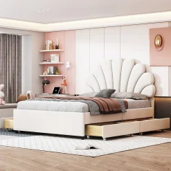 Lit avec rangement 140x200 cm - Lit double tête fleur - Velours - Sans Matelas - Beige