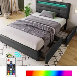 Lit avec rangement 90x200 cm - Lit simple capitonné avec LED et 2 tiroirs - Bois massif + Lin + Métal - Sans Matelas - Gris