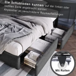 Lit avec rangement 90x200 cm - Lit simple capitonné avec LED et 2 tiroirs - Bois massif + Lin + Métal - Sans Matelas - Gris