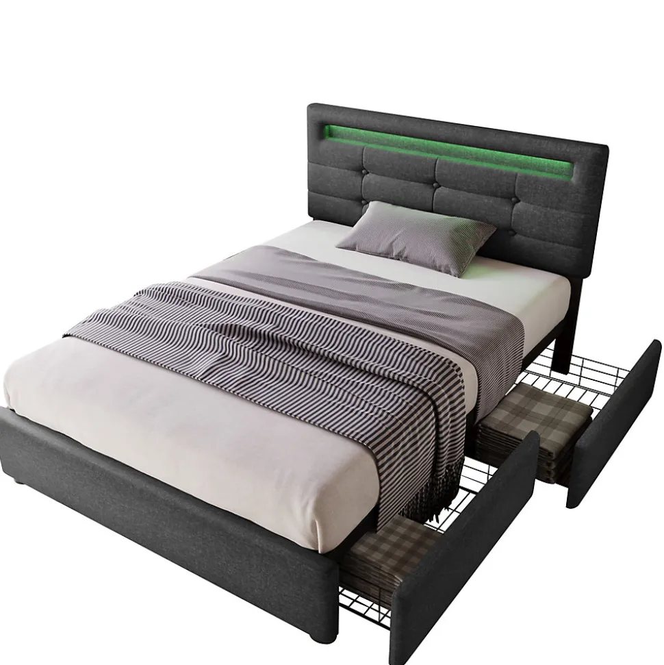 Lit avec rangement 90x200 cm - Lit simple capitonné avec LED et 2 tiroirs - Bois massif + Lin + Métal - Sans Matelas - Gris