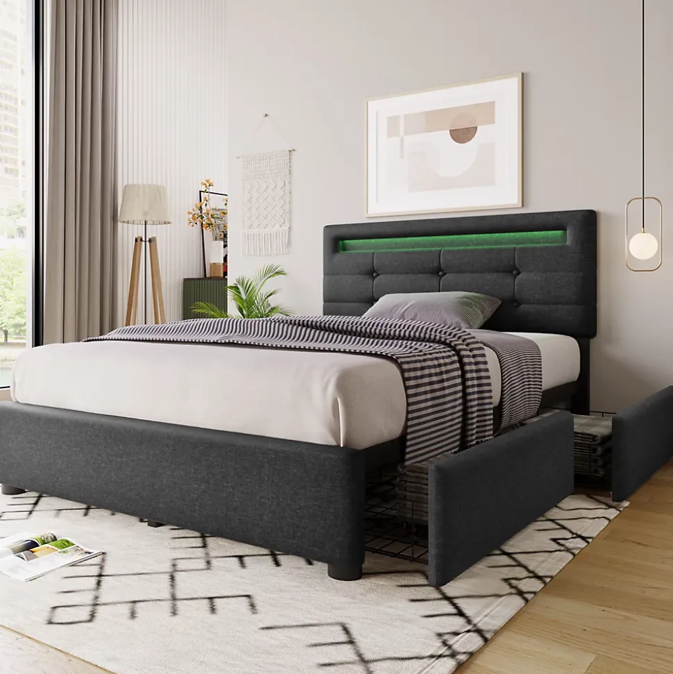 Lit avec rangement 90x200 cm - Lit simple capitonné avec LED et 2 tiroirs - Bois massif + Lin + Métal - Sans Matelas - Gris