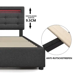 Lit avec rangement 90x200 cm - Lit simple capitonné avec LED et 2 tiroirs - Bois massif + Lin + Métal - Sans Matelas - Gris