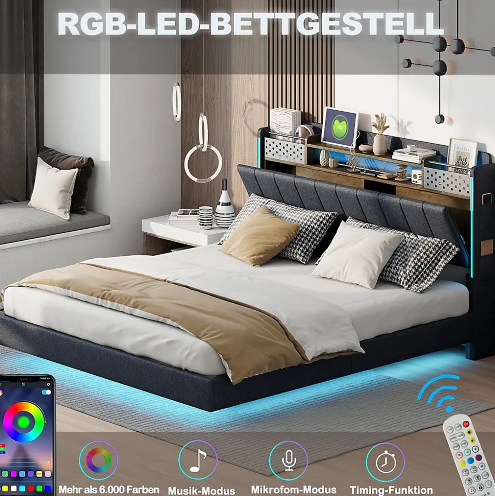 Lit avec rangement 140x200 cm - Lit double capitonné avec éclairage LED - lin + Métal - Sans matelas - Gris