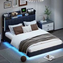 Lit avec rangement 140x200 cm - Lit double capitonné avec éclairage LED - lin + Métal - Sans matelas - Gris