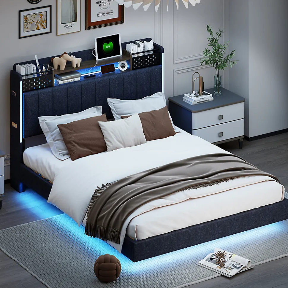 Lit avec rangement 140x200 cm - Lit double capitonné avec éclairage LED - lin + Métal - Sans matelas - Gris