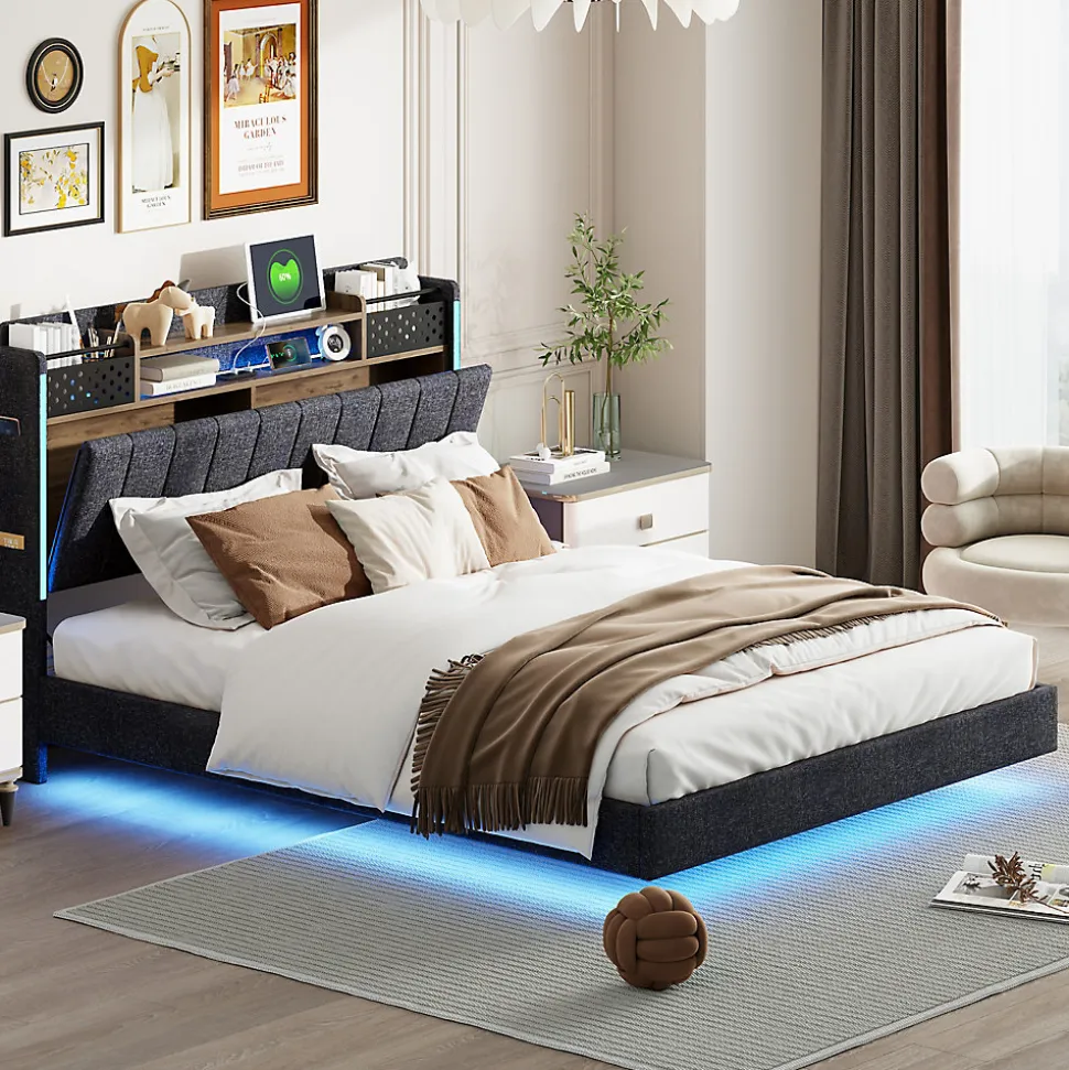 Lit avec rangement 140x200 cm - Lit double capitonné avec éclairage LED - lin + Métal - Sans matelas - Gris