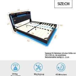 Lit avec rangement 140x200 cm - Lit double capitonné avec éclairage LED - lin + Métal - Sans matelas - Gris