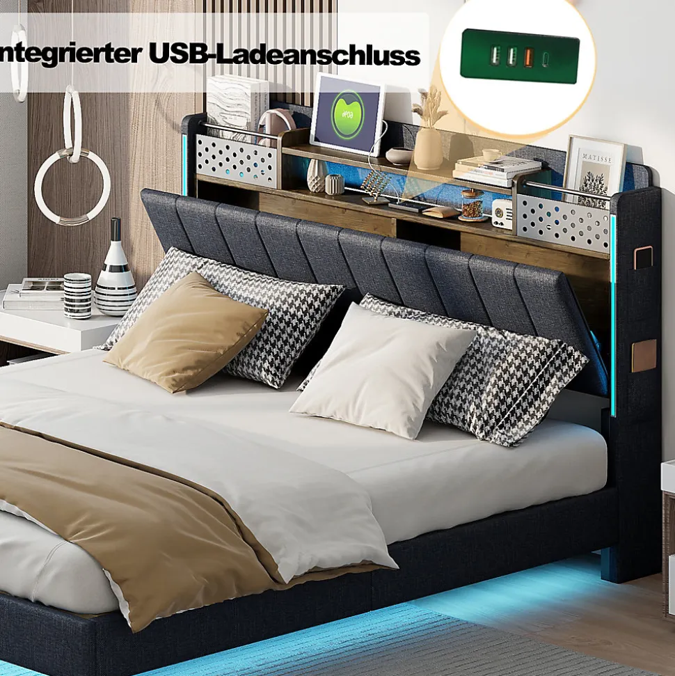 Lit avec rangement 140x200 cm - Lit double capitonné avec éclairage LED - lin + Métal - Sans matelas - Gris