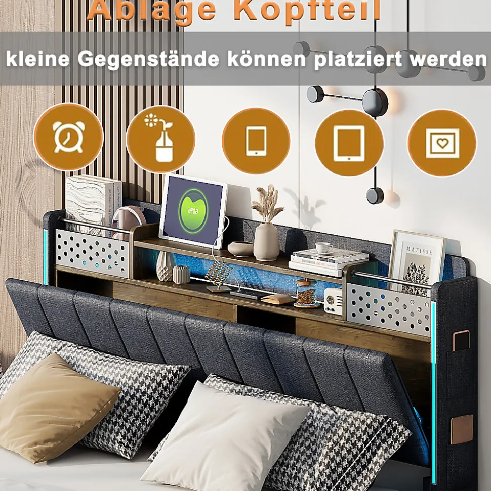 Lit avec rangement 140x200 cm - Lit double capitonné avec éclairage LED - lin + Métal - Sans matelas - Gris