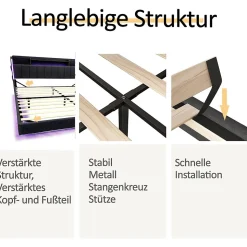 Lit avec rangement 140x200 cm - Lit double capitonné avec éclairage LED - lin + Métal - Sans matelas - Gris