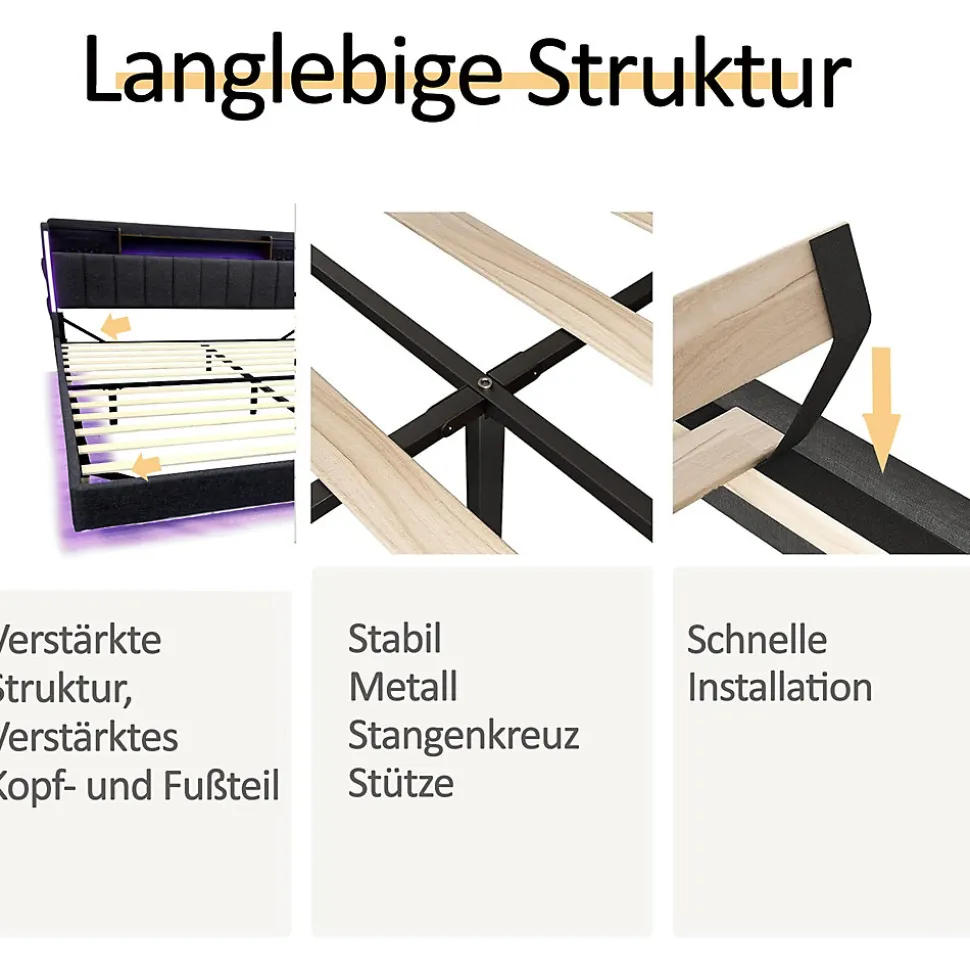 Lit avec rangement 140x200 cm - Lit double capitonné avec éclairage LED - lin + Métal - Sans matelas - Gris