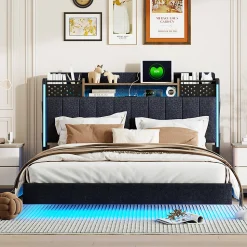 Lit avec rangement 140x200 cm - Lit double capitonné avec éclairage LED - lin + Métal - Sans matelas - Gris