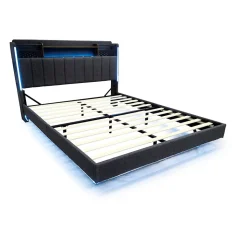 Lit avec rangement 140x200 cm - Lit double capitonné avec éclairage LED - lin + Métal - Sans matelas - Gris