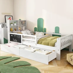 Lit avec rangement 90x200 cm - Lit enfant simple avec 2 tiroirs et table, structure en bois massif et MDF - Blanc - Sans matelas