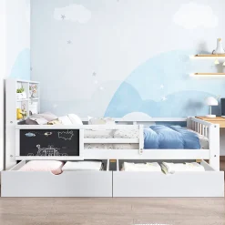 Lit avec rangement 90x200 cm - Lit enfant simple avec 2 tiroirs et table, structure en bois massif et MDF - Blanc - Sans matelas