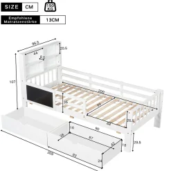Lit avec rangement 90x200 cm - Lit enfant simple avec 2 tiroirs et table, structure en bois massif et MDF - Blanc - Sans matelas