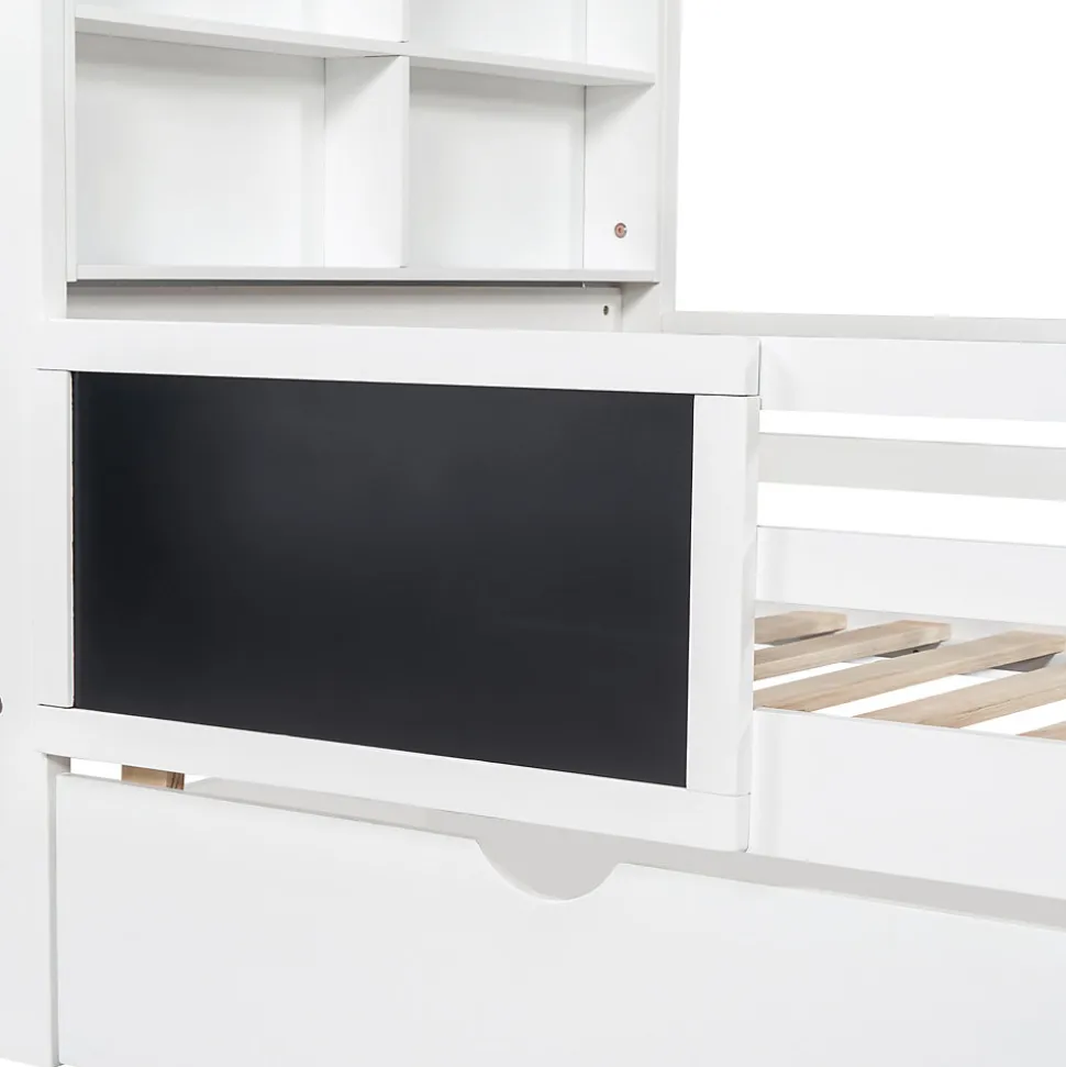 Lit avec rangement 90x200 cm - Lit enfant simple avec 2 tiroirs et table, structure en bois massif et MDF - Blanc - Sans matelas