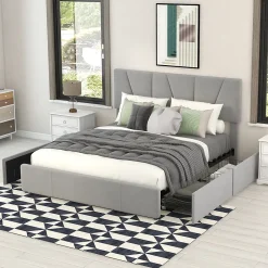 Lit avec rangement 140x200 cm - Lit rembourré avec tête de lit réglable et 4 tiroirs - Bois de pin + Velours - Sans matelas - Gris