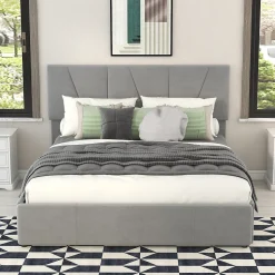 Lit avec rangement 140x200 cm - Lit rembourré avec tête de lit réglable et 4 tiroirs - Bois de pin + Velours - Sans matelas - Gris