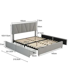 Lit avec rangement 140x200 cm - Lit rembourré avec tête de lit réglable et 4 tiroirs - Bois de pin + Velours - Sans matelas - Gris