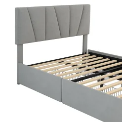 Lit avec rangement 140x200 cm - Lit rembourré avec tête de lit réglable et 4 tiroirs - Bois de pin + Velours - Sans matelas - Gris