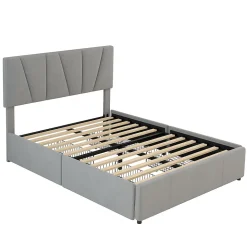 Lit avec rangement 140x200 cm - Lit rembourré avec tête de lit réglable et 4 tiroirs - Bois de pin + Velours - Sans matelas - Gris