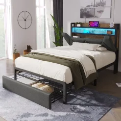 Lit avec rangement 90x200 cm - Lit simple rembourré avec tiroirs et fonction de chargement USB - Lin - Sans Matelas - Gris