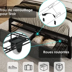 Lit avec rangement 90x200 cm - Lit simple rembourré avec tiroirs et fonction de chargement USB - Lin - Sans Matelas - Gris