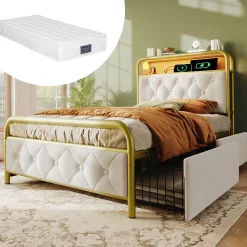 Lit avec Rangement 90x200 cm - Lit Simple Capitonné avec 2 Tiroirs, Ports USB et LED, Matelas Inclus, Velours, Blanc