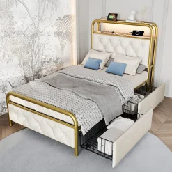 Lit avec Rangement 90x200 cm - Lit Simple Capitonné avec 2 Tiroirs, Ports USB et LED, Matelas Inclus, Velours, Blanc