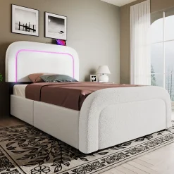 Lit avec rangement 90x200 cm - Lit simple rembourré avec 2 tiroirs et USB Type-C - Sherpa - Sans Matelas - Blanc