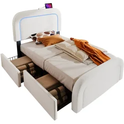 Lit avec rangement 90x200 cm - Lit simple rembourré avec 2 tiroirs et USB Type-C - Sherpa - Sans Matelas - Blanc