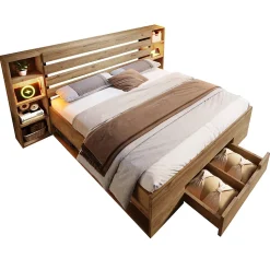 Lit avec rangement 160x200 cm - Lit double avec éclairage LED et USB - Bois massif + MDF - Sans Matelas - Chêne