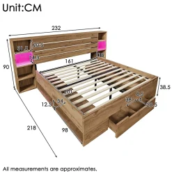 Lit avec rangement 160x200 cm - Lit double avec éclairage LED et USB - Bois massif + MDF - Sans Matelas - Chêne