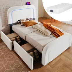 Lit avec rangement 90x200 cm - Lit simple capitonné avec tiroirs, USB Type-C et LED - Sherpa - Matelas Inclus - Blanc