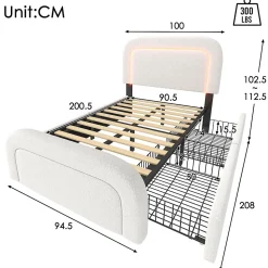 Lit avec rangement 90x200 cm - Lit simple capitonné avec tiroirs, USB Type-C et LED - Sherpa - Matelas Inclus - Blanc