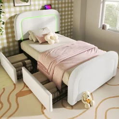 Lit avec rangement 90x200 cm - Lit simple capitonné avec tiroirs, USB Type-C et LED - Sherpa - Matelas Inclus - Blanc