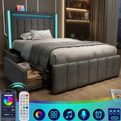 Lit avec rangement 90x200 cm capitonné avec ports USB-C et LED, 2 tiroirs intégrés, tissu lin gris, sans matelas