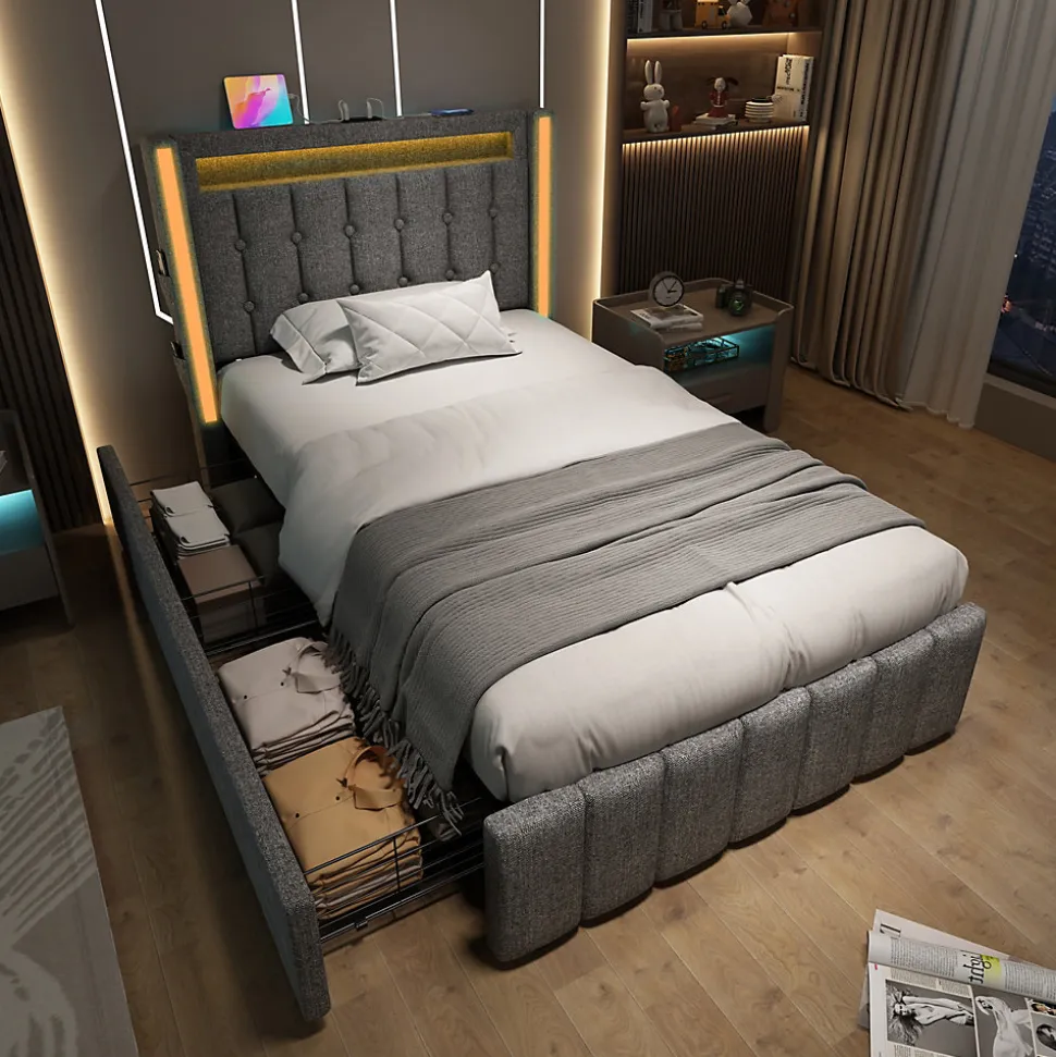 Lit avec rangement 90x200 cm capitonné avec ports USB-C et LED, 2 tiroirs intégrés, tissu lin gris, sans matelas