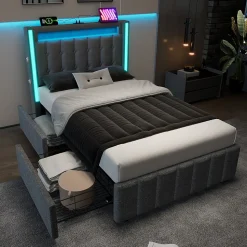 Lit avec rangement 90x200 cm capitonné avec ports USB-C et LED, 2 tiroirs intégrés, tissu lin gris, sans matelas