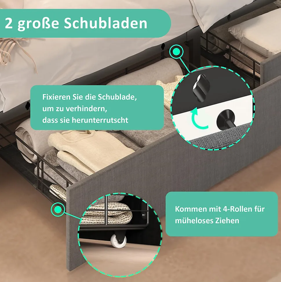 Lit avec rangement 90x200 cm capitonné avec ports USB-C et LED, 2 tiroirs intégrés, tissu lin gris, sans matelas