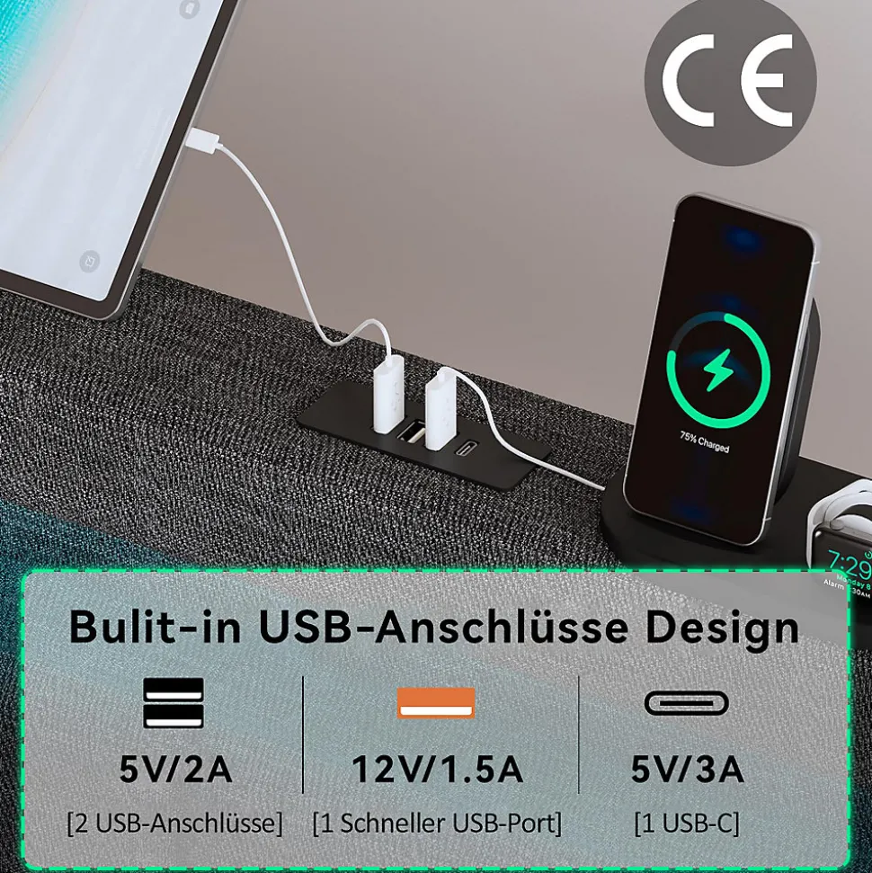 Lit avec rangement 90x200 cm capitonné avec ports USB-C et LED, 2 tiroirs intégrés, tissu lin gris, sans matelas