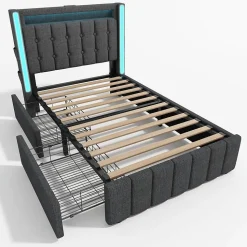 Lit avec rangement 90x200 cm capitonné avec ports USB-C et LED, 2 tiroirs intégrés, tissu lin gris, sans matelas