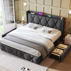 Lit avec rangement 160x200 cm double capitonné avec 4 tiroirs et ports USB, structure lin et bois robuste, gris, sans matelas