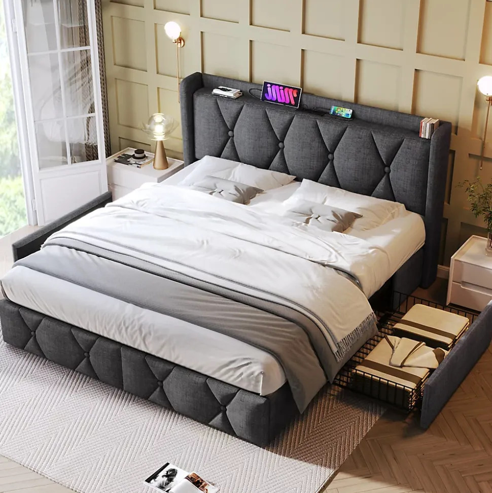 Lit avec rangement 160x200 cm double capitonné avec 4 tiroirs et ports USB, structure lin et bois robuste, gris, sans matelas
