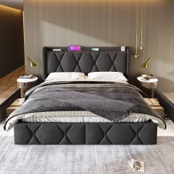 Lit avec rangement 160x200 cm double capitonné avec 4 tiroirs et ports USB, structure lin et bois robuste, gris, sans matelas