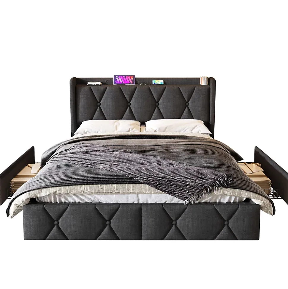 Lit avec rangement 160x200 cm double capitonné avec 4 tiroirs et ports USB, structure lin et bois robuste, gris, sans matelas