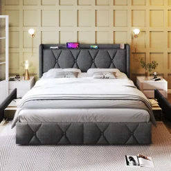 Lit avec rangement 160x200 cm double capitonné avec 4 tiroirs et ports USB, structure lin et bois robuste, gris, sans matelas