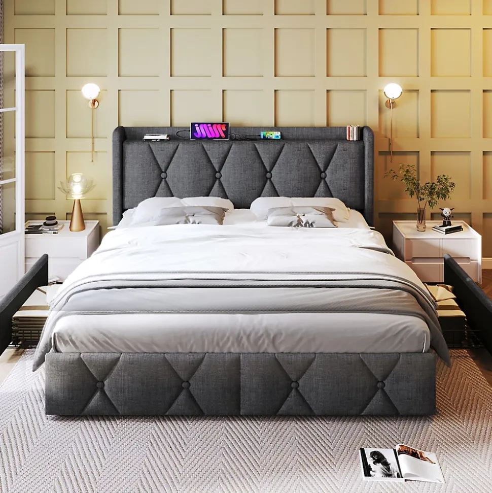 Lit avec rangement 160x200 cm double capitonné avec 4 tiroirs et ports USB, structure lin et bois robuste, gris, sans matelas