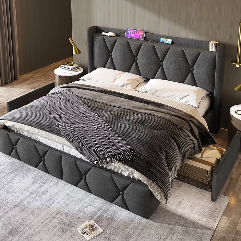 Lit avec rangement 160x200 cm double capitonné avec 4 tiroirs et ports USB, structure lin et bois robuste, gris, sans matelas